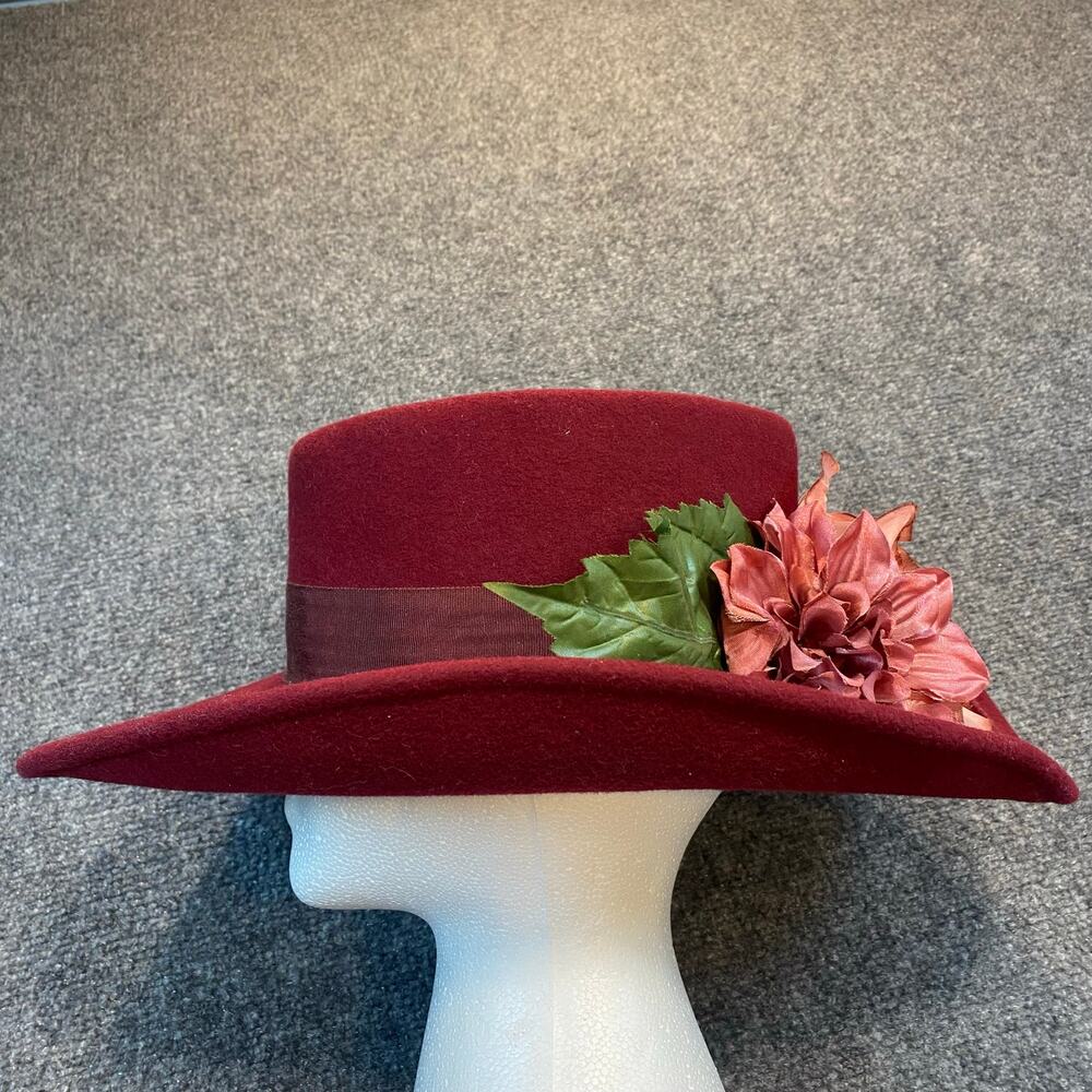 Sonni Bordeaux Lancaster Red Wool Wide Brim Bolero Hat Floral Leaf Accents Wire